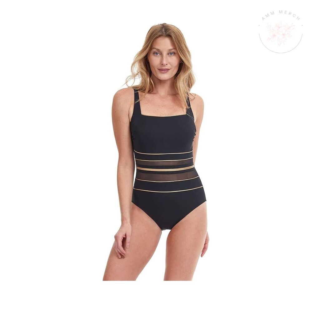 Gottex Essentials Onyx Square Neck One Piece Swimsuit Black and Gold Sz 12 NWT